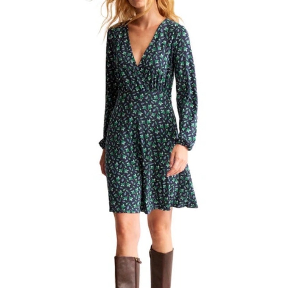 Boden Willow Floral‎ Long Sleeve Jersey Dress French Navy Tulip Bud Pockets 6R